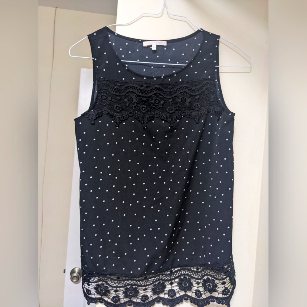sleeveless polka dot and lace blouse